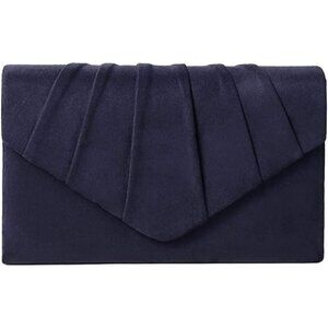 🆕 Women Blue Clutch Evening Purse Evening Party Velvet Suede Pleated Handbag